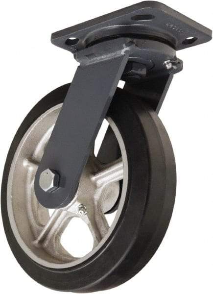 Hamilton - 8" Diam x 2" Wide x 9-1/2" OAH Top Plate Mount Swivel Caster - Rubber Mold on Cast Iron, 500 Lb Capacity, Tapered Roller Bearing, 4 x 5" Plate - USA Tool & Supply