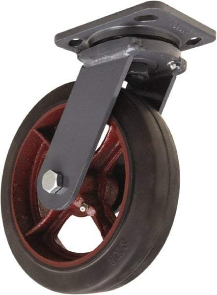 Hamilton - 8" Diam x 2" Wide x 9-1/2" OAH Top Plate Mount Swivel Caster - Rubber Mold on Cast Iron, 500 Lb Capacity, Straight Roller Bearing, 4 x 5" Plate - USA Tool & Supply