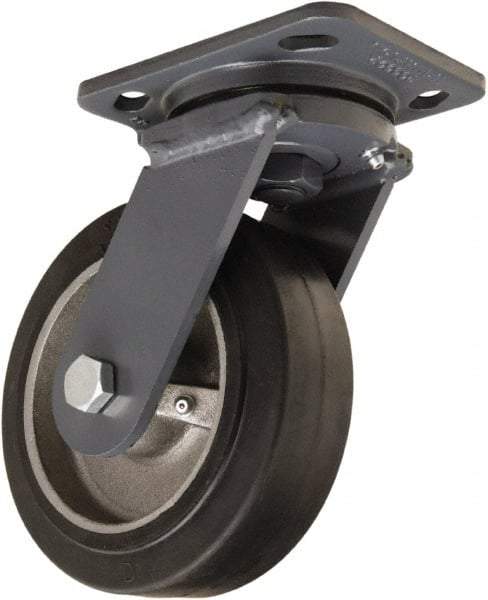 Hamilton - 6" Diam x 2" Wide x 7-1/2" OAH Top Plate Mount Swivel Caster - Rubber Mold on Cast Iron, 410 Lb Capacity, Tapered Roller Bearing, 4 x 5" Plate - USA Tool & Supply