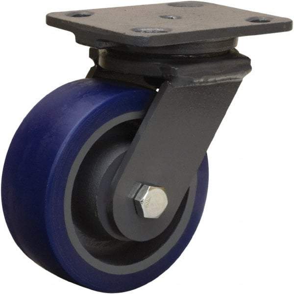 Hamilton - 5" Diam x 2" Wide x 6-1/2" OAH Top Plate Mount Swivel Caster - Polyurethane Mold onto Cast Iron Center, 840 Lb Capacity, Tapered Roller Bearing, 4 x 5" Plate - USA Tool & Supply