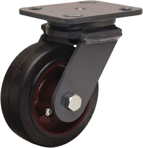 Hamilton - 5" Diam x 2" Wide x 6-1/2" OAH Top Plate Mount Swivel Caster - Rubber Mold on Cast Iron, 350 Lb Capacity, Straight Roller Bearing, 4 x 5" Plate - USA Tool & Supply