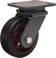 Hamilton - 5" Diam x 2" Wide x 6-1/2" OAH Top Plate Mount Swivel Caster - Rubber Mold on Cast Iron, 350 Lb Capacity, Straight Roller Bearing, 4 x 5" Plate - USA Tool & Supply