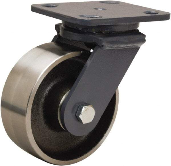 Hamilton - 5" Diam x 2" Wide x 6-1/2" OAH Top Plate Mount Swivel Caster - Forged Steel, 2,000 Lb Capacity, Sealed Precision Ball Bearing, 4 x 5" Plate - USA Tool & Supply