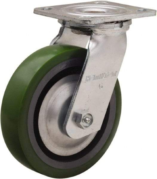 Hamilton - 6" Diam x 1-1/2" Wide x 7-1/2" OAH Top Plate Mount Swivel Caster - Polyurethane Mold onto Cast Iron Center, 850 Lb Capacity, Straight Roller Bearing, 4 x 4-1/2" Plate - USA Tool & Supply