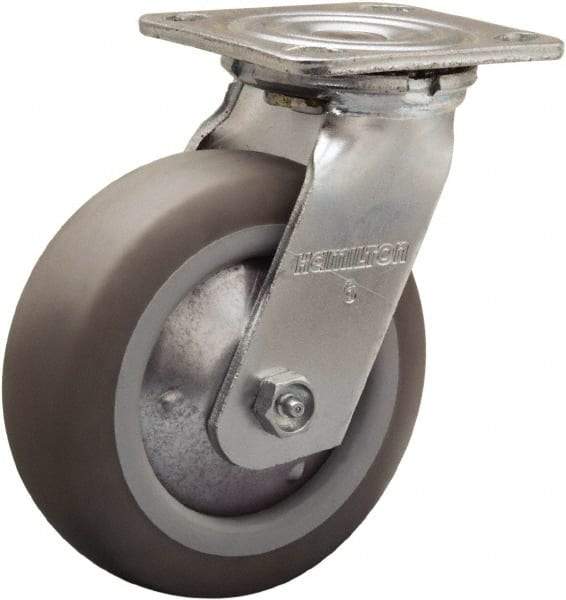 Hamilton - 6" Diam x 2" Wide x 7-1/2" OAH Top Plate Mount Swivel Caster - Rubber Mold on Polyolefin, 410 Lb Capacity, Straight Roller Bearing, 4 x 4-1/2" Plate - USA Tool & Supply