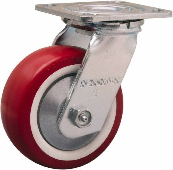 Hamilton - 5" Diam x 2" Wide x 6-1/2" OAH Top Plate Mount Swivel Caster - Polyurethane Mold on Polypropylene, 900 Lb Capacity, Straight Roller Bearing, 4 x 4-1/2" Plate - USA Tool & Supply