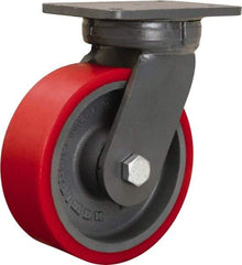 Hamilton - 8" Diam x 3" Wide x 10-1/2" OAH Top Plate Mount Swivel Caster - Polyurethane Mold on Forged Steel, 4,200 Lb Capacity, Precision Ball Bearing, 5-1/4 x 7-1/4" Plate - USA Tool & Supply