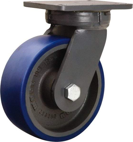 Hamilton - 8" Diam x 3" Wide x 10-1/2" OAH Top Plate Mount Swivel Caster - Polyurethane Mold onto Cast Iron Center, 2,000 Lb Capacity, Sealed Precision Ball Bearing, 5-1/4 x 7-1/4" Plate - USA Tool & Supply