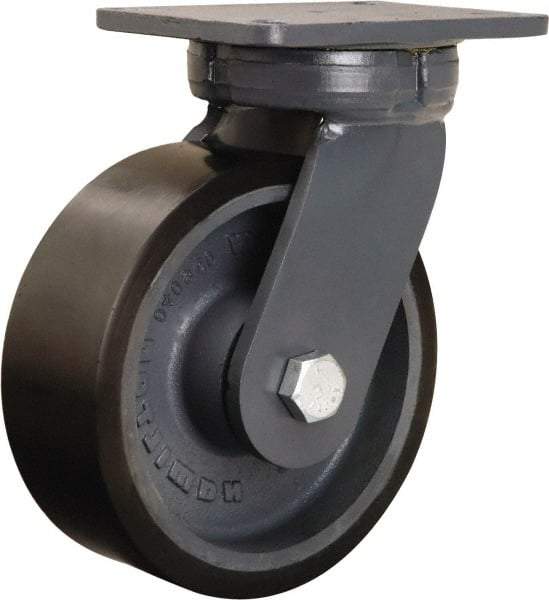 Hamilton - 8" Diam x 3" Wide x 10-1/2" OAH Top Plate Mount Swivel Caster - Polyurethane Mold onto Cast Iron Center, 3,250 Lb Capacity, Sealed Precision Ball Bearing, 5-1/4 x 7-1/4" Plate - USA Tool & Supply