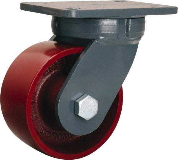 Hamilton - 6" Diam x 3" Wide x 8" OAH Top Plate Mount Swivel Caster - Cast Iron, 2,500 Lb Capacity, Precision Ball Bearing, 5-1/4 x 7-1/4" Plate - USA Tool & Supply