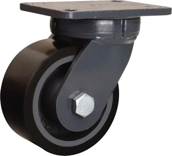 Hamilton - 6" Diam x 3" Wide x 8" OAH Top Plate Mount Swivel Caster - Polyurethane Mold onto Cast Iron Center, 2,860 Lb Capacity, Tapered Roller Bearing, 5-1/4 x 7-1/4" Plate - USA Tool & Supply