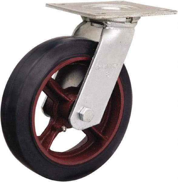 Hamilton - 8" Diam x 2" Wide x 9-1/2" OAH Top Plate Mount Swivel Caster - Rubber Mold on Cast Iron, 500 Lb Capacity, Straight Roller Bearing, 5 x 5-1/2" Plate - USA Tool & Supply
