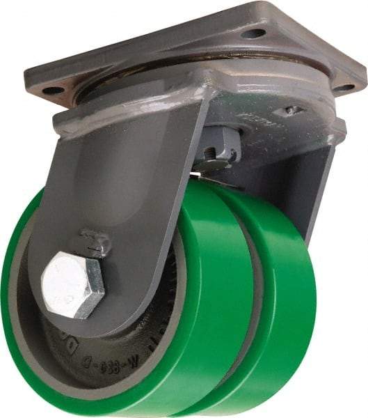 Hamilton - 8" Diam x 3" Wide x 11" OAH Top Plate Mount Dual Swivel Caster - Polyurethane Mold onto Cast Iron Center, 5,000 Lb Capacity, Tapered Roller Bearing, 8-1/2 x 8-1/2" Plate - USA Tool & Supply