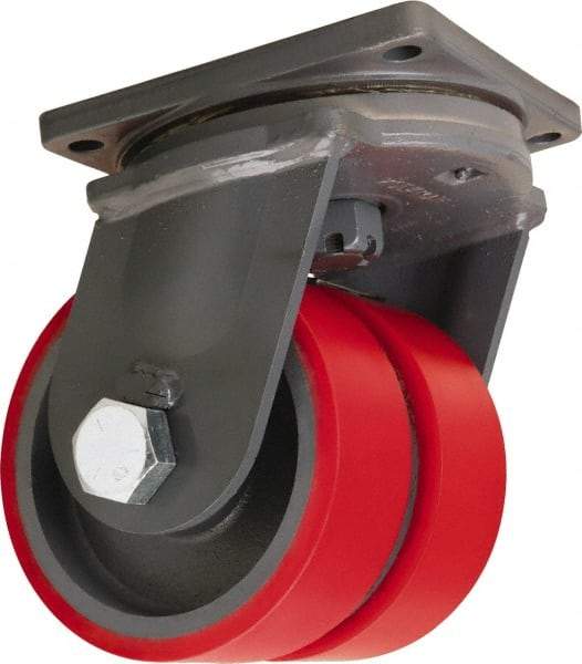 Hamilton - 10" Diam x 3" Wide x 13" OAH Top Plate Mount Dual Swivel Caster - Polyurethane Mold on Forged Steel, 7,200 Lb Capacity, Tapered Roller Bearing, 8-1/2 x 8-1/2" Plate - USA Tool & Supply