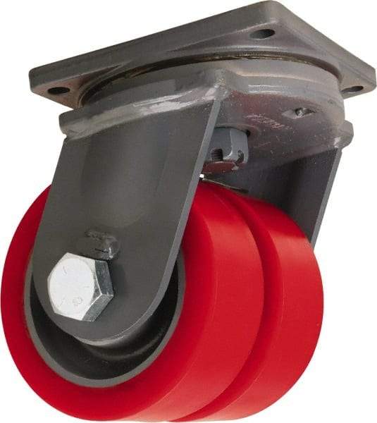 Hamilton - 8" Diam x 3" Wide x 11" OAH Top Plate Mount Dual Swivel Caster - Polyurethane Mold on Forged Steel, 8,400 Lb Capacity, Tapered Roller Bearing, 8-1/2 x 8-1/2" Plate - USA Tool & Supply