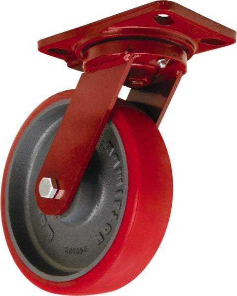 Hamilton - 8" Diam x 2" Wide x 9-3/4" OAH Top Plate Mount Swivel Caster - Polyurethane Mold onto Cast Iron Center, 1,800 Lb Capacity, Tapered Roller Bearing, 4-1/2 x 6-1/2" Plate - USA Tool & Supply