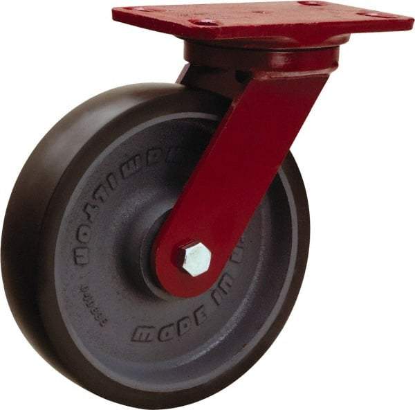 Hamilton - 8" Diam x 2" Wide x 9-3/4" OAH Top Plate Mount Swivel Caster - Polyurethane Mold onto Cast Iron Center, 1,950 Lb Capacity, Sealed Precision Ball Bearing, 4-1/2 x 6-1/2" Plate - USA Tool & Supply