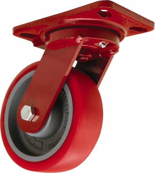 Hamilton - 6" Diam x 2" Wide x 7-3/4" OAH Top Plate Mount Swivel Caster - Polyurethane Mold on Forged Steel, 1,400 Lb Capacity, Sealed Precision Ball Bearing, 4-1/2 x 6-1/2" Plate - USA Tool & Supply