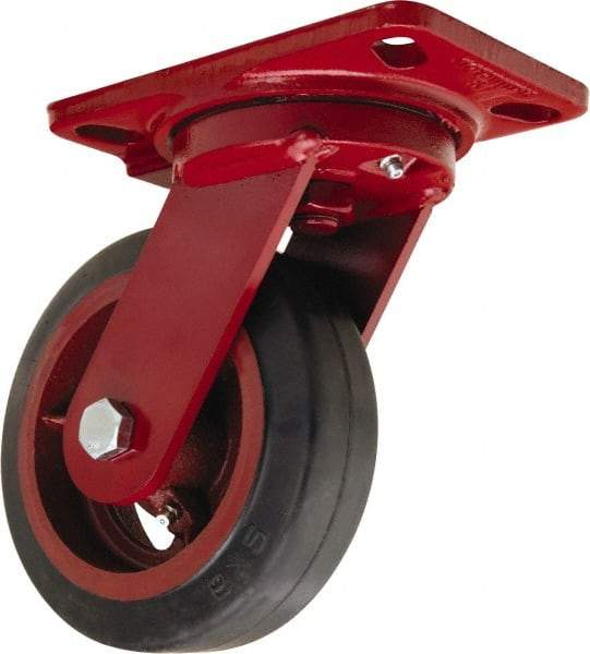 Hamilton - 6" Diam x 2" Wide x 7-3/4" OAH Top Plate Mount Swivel Caster - Rubber Mold on Cast Iron, 410 Lb Capacity, Straight Roller Bearing, 4-1/2 x 6-1/2" Plate - USA Tool & Supply