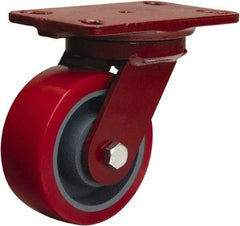 Hamilton - 5" Diam x 2" Wide x 6-3/4" OAH Top Plate Mount Swivel Caster - Polyurethane Mold on Forged Steel, 1,250 Lb Capacity, Tapered Roller Bearing, 4-1/2 x 6-1/2" Plate - USA Tool & Supply