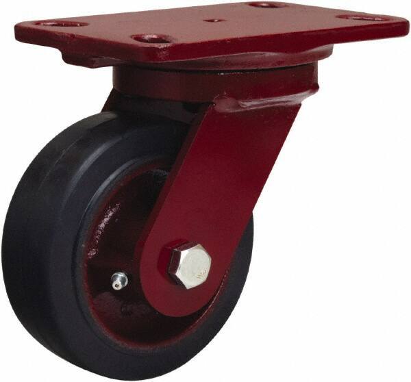Hamilton - 5" Diam x 2" Wide x 6-3/4" OAH Top Plate Mount Swivel Caster - Rubber Mold on Cast Iron, 350 Lb Capacity, Straight Roller Bearing, 4-1/2 x 6-1/2" Plate - USA Tool & Supply