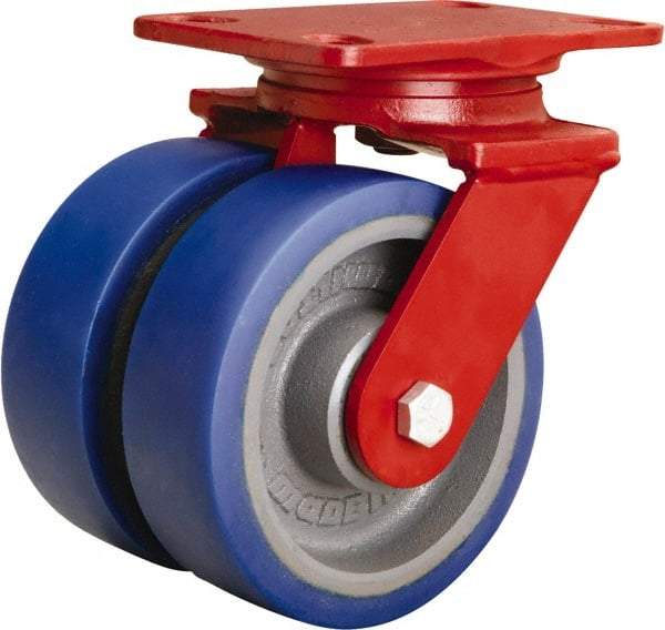 Hamilton - 6" Diam x 2" Wide x 7-3/4" OAH Top Plate Mount Swivel Caster - Polyurethane Mold onto Cast Iron Center, 1,920 Lb Capacity, Sealed Precision Ball Bearing, 4-1/2 x 6-1/2" Plate - USA Tool & Supply