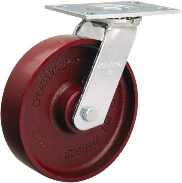Hamilton - 8" Diam x 2" Wide x 9-1/2" OAH Top Plate Mount Swivel Caster - Cast Iron, 1,250 Lb Capacity, Sealed Precision Ball Bearing, 4-1/2 x 6-1/4" Plate - USA Tool & Supply
