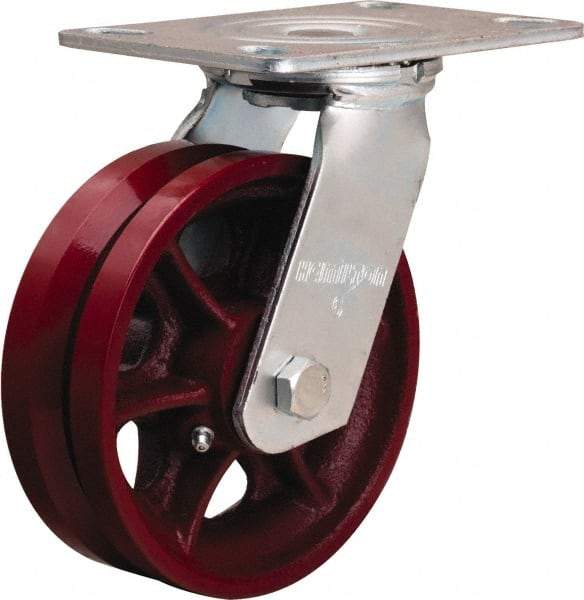 Hamilton - 6" Diam x 2" Wide, Iron Swivel Caster - 900 Lb Capacity, Top Plate Mount, 4-1/2" x 6-1/2" Plate, Straight Roller Bearing - USA Tool & Supply