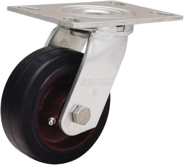 Hamilton - 5" Diam x 2" Wide x 6-1/2" OAH Top Plate Mount Swivel Caster - Rubber Mold on Cast Iron, 350 Lb Capacity, Straight Roller Bearing, 4-1/2 x 6-1/4" Plate - USA Tool & Supply