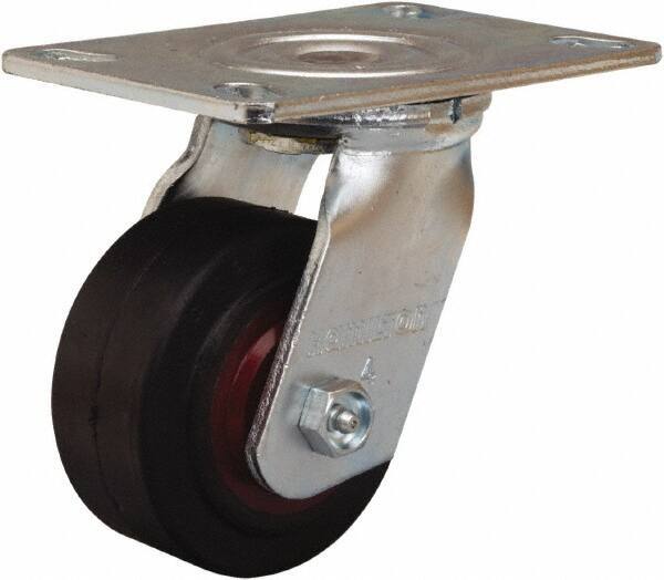 Hamilton - 4" Diam x 2" Wide x 5-5/8" OAH Top Plate Mount Swivel Caster - Rubber Mold on Cast Iron, 300 Lb Capacity, Straight Roller Bearing, 4-1/2 x 6-1/4" Plate - USA Tool & Supply