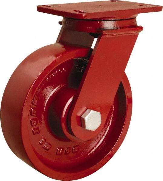 Hamilton - 8" Diam x 2-1/2" Wide x 10-1/4" OAH Top Plate Mount Swivel Caster - Cast Iron, 2,200 Lb Capacity, Tapered Roller Bearing, 4-1/2 x 6-1/2" Plate - USA Tool & Supply
