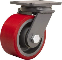 Hamilton - 6" Diam x 3" Wide x 7-3/4" OAH Top Plate Mount Swivel Caster - Polyurethane Mold onto Cast Iron Center, 2,400 Lb Capacity, Tapered Roller Bearing, 4-1/2 x 6-1/2" Plate - USA Tool & Supply