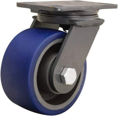 Hamilton - 6" Diam x 3" Wide x 7-3/4" OAH Top Plate Mount Swivel Caster - Polyurethane Mold onto Cast Iron Center, 1,800 Lb Capacity, Tapered Roller Bearing, 4-1/2 x 6-1/2" Plate - USA Tool & Supply