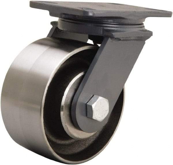 Hamilton - 6" Diam x 3" Wide x 7-3/4" OAH Top Plate Mount Swivel Caster - Forged Steel, 2,400 Lb Capacity, Sealed Precision Ball Bearing, 4-1/2 x 6-1/2" Plate - USA Tool & Supply