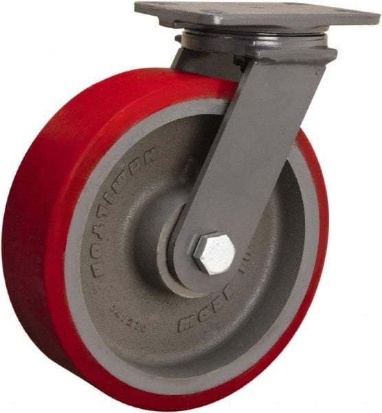 Hamilton - 10" Diam x 3" Wide x 12-1/16" OAH Top Plate Mount Swivel Caster - Polyurethane Mold onto Cast Iron Center, 2,400 Lb Capacity, Tapered Roller Bearing, 4-1/2 x 6-1/2" Plate - USA Tool & Supply