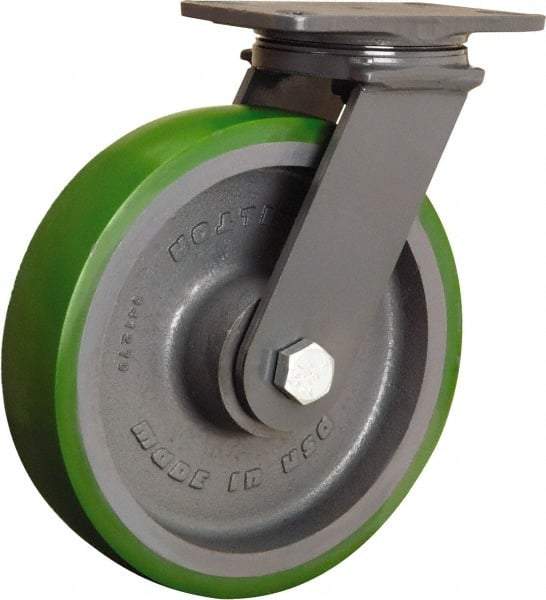 Hamilton - 10" Diam x 2-1/2" Wide x 12-1/16" OAH Top Plate Mount Swivel Caster - Polyurethane Mold onto Cast Iron Center, 2,400 Lb Capacity, Tapered Roller Bearing, 4-1/2 x 6-1/2" Plate - USA Tool & Supply