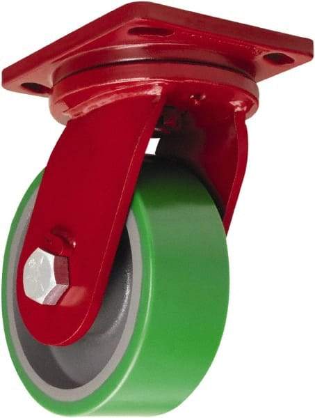 Hamilton - 8" Diam x 4" Wide x 10-1/2" OAH Top Plate Mount Swivel Caster - Polyurethane Mold onto Cast Iron Center, 3,200 Lb Capacity, Tapered Roller Bearing, 6-1/2 x 7-1/2" Plate - USA Tool & Supply