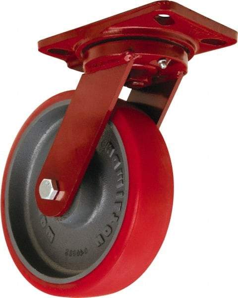Hamilton - 8" Diam x 2" Wide x 9-3/4" OAH Top Plate Mount Swivel Caster - Polyurethane Mold onto Cast Iron Center, 1,800 Lb Capacity, Tapered Roller Bearing, 4-1/2 x 6-1/2" Plate - USA Tool & Supply