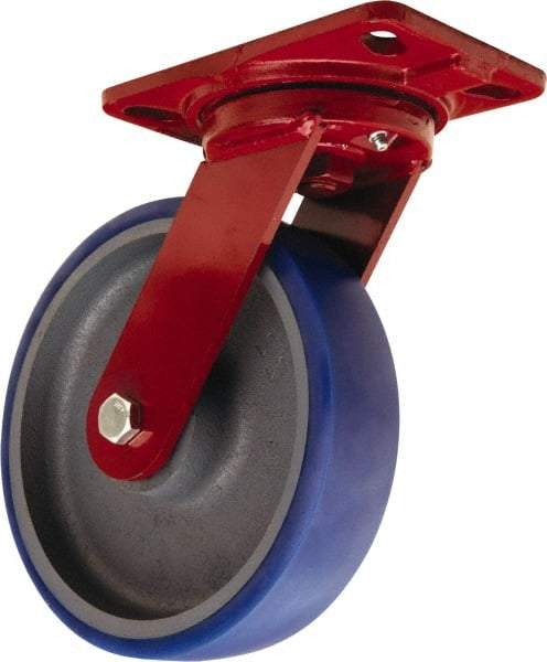 Hamilton - 8" Diam x 2" Wide x 9-3/4" OAH Top Plate Mount Swivel Caster - Polyurethane Mold onto Cast Iron Center, 1,200 Lb Capacity, Sealed Precision Ball Bearing, 4-1/2 x 6-1/2" Plate - USA Tool & Supply