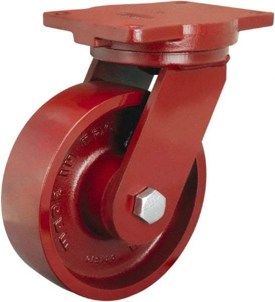 Hamilton - 8" Diam x 2-1/2" Wide x 10-1/2" OAH Top Plate Mount Swivel Caster - Cast Iron, 2,500 Lb Capacity, Straight Roller Bearing, 6-1/8 x 7-1/2" Plate - USA Tool & Supply