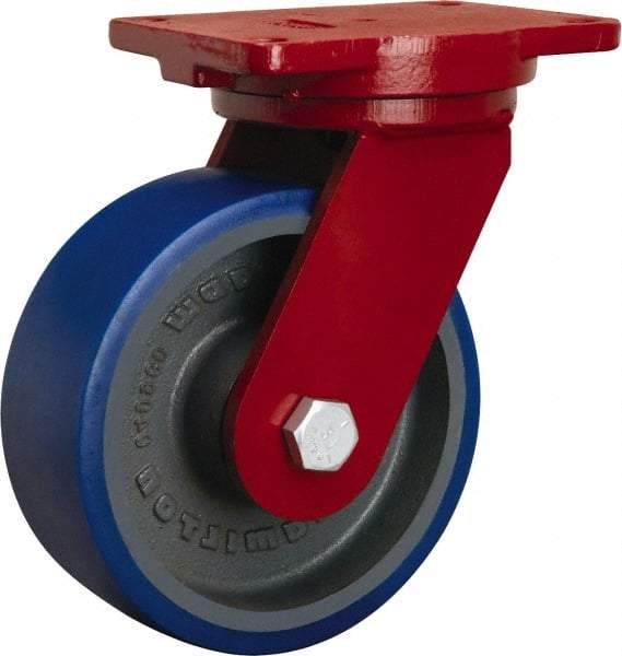 Hamilton - 8" Diam x 3" Wide x 10-1/2" OAH Top Plate Mount Swivel Caster - Polyurethane Mold onto Cast Iron Center, 2,000 Lb Capacity, Precision Tapered Roller Bearing, 6-1/8 x 7-1/2" Plate - USA Tool & Supply