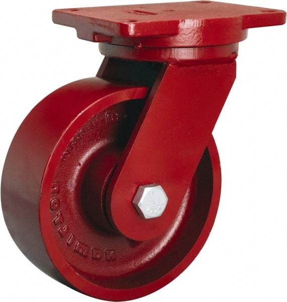 Hamilton - 8" Diam x 3" Wide x 10-1/2" OAH Top Plate Mount Swivel Caster - Cast Iron, 2,600 Lb Capacity, Tapered Roller Bearing, 6-1/8 x 7-1/2" Plate - USA Tool & Supply
