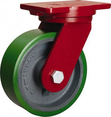 Hamilton - 8" Diam x 3" Wide x 10-1/2" OAH Top Plate Mount Swivel Caster - Polyurethane Mold onto Cast Iron Center, 2,500 Lb Capacity, Tapered Roller Bearing, 6-1/8 x 7-1/2" Plate - USA Tool & Supply