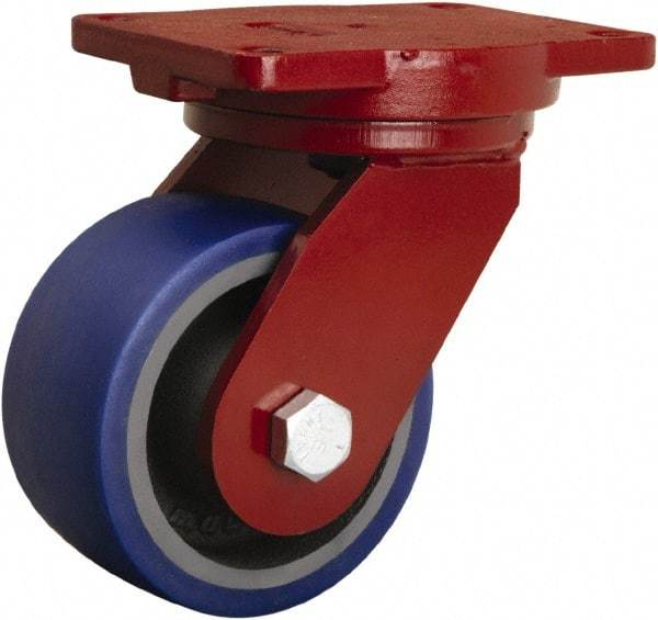 Hamilton - 6" Diam x 3" Wide x 8-1/2" OAH Top Plate Mount Swivel Caster - Polyurethane Mold onto Cast Iron Center, 1,800 Lb Capacity, Precision Tapered Roller Bearing, 6-1/8 x 7-1/2" Plate - USA Tool & Supply