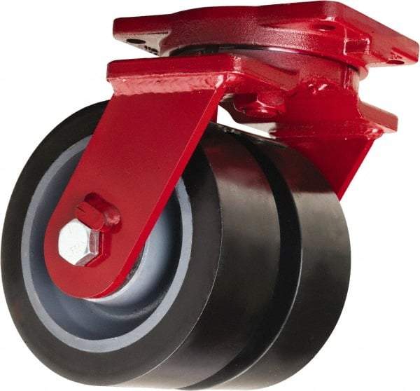 Hamilton - 8" Diam x 3" Wide x 10-1/2" OAH Top Plate Mount Dual Swivel Caster - Polyurethane Mold on Forged Steel, 7,000 Lb Capacity, Tapered Roller Bearing, 6-1/8 x 7-1/2" Plate - USA Tool & Supply