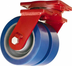 Hamilton - 8" Diam x 3" Wide x 10-1/2" OAH Top Plate Mount Dual Swivel Caster - Polyurethane Mold on Forged Steel, 7,000 Lb Capacity, Tapered Roller Bearing, 6-1/8 x 7-1/2" Plate - USA Tool & Supply