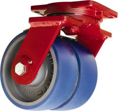 Hamilton - 6" Diam x 3" Wide x 8-1/2" OAH Top Plate Mount Dual Swivel Caster - Polyurethane Mold onto Cast Iron Center, 3,600 Lb Capacity, Tapered Roller Bearing, 6-1/8 x 7-1/2" Plate - USA Tool & Supply