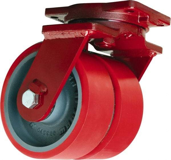 Hamilton - 12" Diam x 3" Wide x 14-1/2" OAH Top Plate Mount Dual Swivel Caster - Polyurethane Mold on Forged Steel, 7,000 Lb Capacity, Sealed Precision Ball Bearing, 6-1/8 x 7-1/2" Plate - USA Tool & Supply