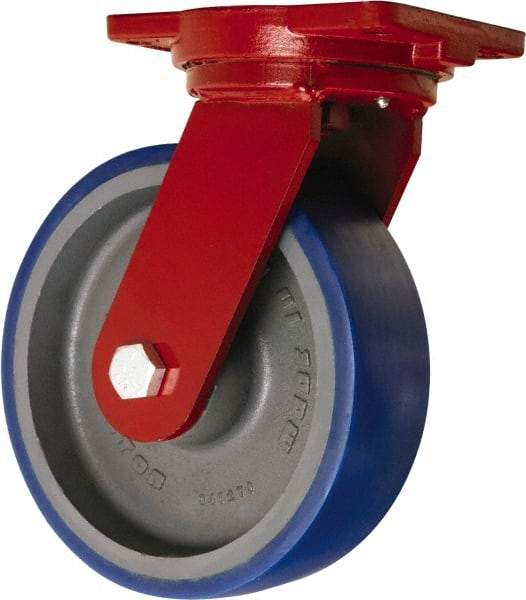 Hamilton - 10" Diam x 3" Wide x 12-1/2" OAH Top Plate Mount Swivel Caster - Polyurethane Mold onto Cast Iron Center, 2,400 Lb Capacity, Precision Tapered Roller Bearing, 6-1/8 x 7-1/2" Plate - USA Tool & Supply