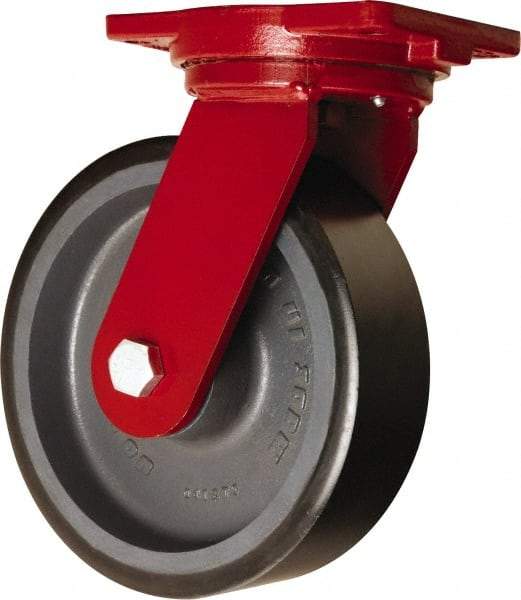 Hamilton - 10" Diam x 3" Wide x 12-1/2" OAH Top Plate Mount Swivel Caster - Polyurethane Mold onto Cast Iron Center, 3,900 Lb Capacity, Tapered Roller Bearing, 6-1/8 x 7-1/2" Plate - USA Tool & Supply